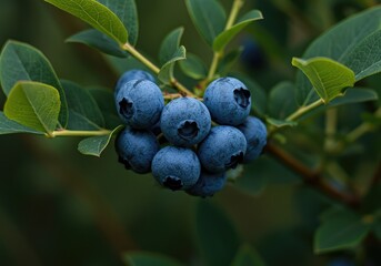 A close-up shot showing ripe, dark blue blueberries clustered on a healthy green bush, ready for summer harvesting and natural eating ,green ,raw ,harvest