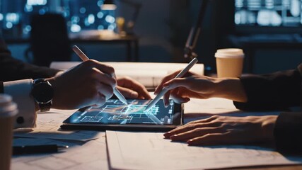 Two architect or engineer hands collaborating over digital blueprint on tablet and paper plans late at night in modern office - Powered by Adobe
