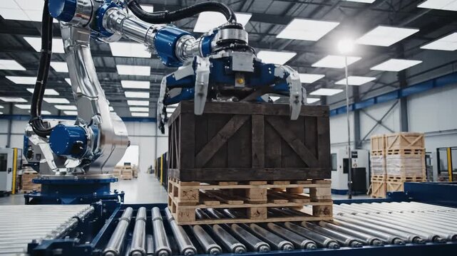 Industrial robot arm places wooden crate on pallet in modern factory.