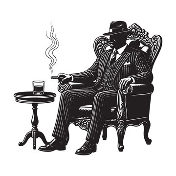 Noir mafia boss silhouette sitting in armchair smoking cigar with drink vector illustration.