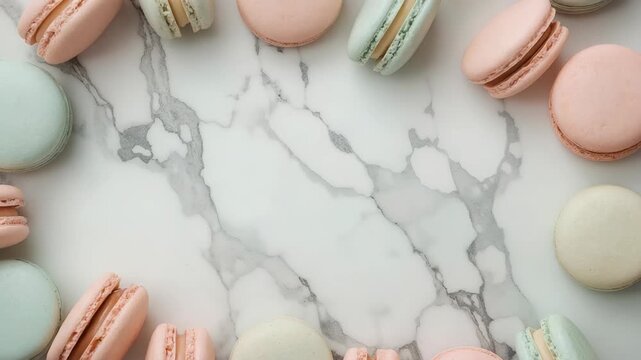 astel French Macarons Frame on White Marble Background with Copy Space