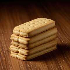 A close-up view of golden buttery shortbread fingers arranged neatly on a wooden surface, ready for eating as a delightful sweet treat ,crisp ,sugar ,afternoon