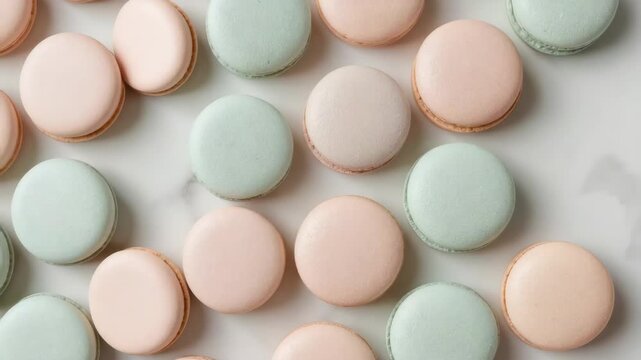 A soft and elegant flat lay featuring a variety of French macarons in delicate pastel pink and mint green shades.
