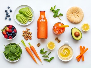 Vibrant assortment of healthy ingredients and refreshing orange beverage
