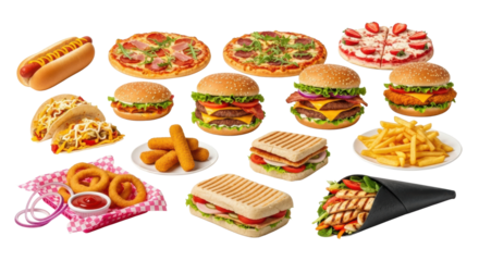 A diverse collection of fast food items: hot dogs, pizzas, burgers, tacos, nachos, fries, onion rings, panini, on a transparent background with uniform studio lighting, concept for culinary abundance