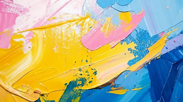 Abstract painting with vibrant yellow, pink, and blue brushstrokes creating a dynamic and textured composition.