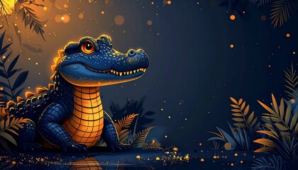 Modern luxury cartoon New Year background featuring a cute crocodile character, dark background with soft golden glow, clean flat illustration, rounded smooth shapes, elegant abstract festive elements