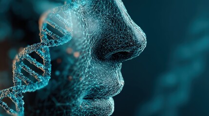 A futuristic depiction of a human face intertwined with a DNA helix, representing the intersection of technology and biology.