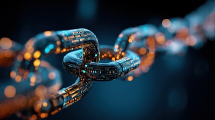 A futuristic, digital chain link illuminated with glowing data lines set against a dark background, symbolizing connectivity and technology.