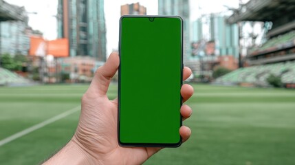 Smartphone held outdoors with green screen display