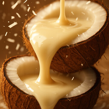 Thick condensed milk flowing over fresh coconut halves in warm tropical atmosphere.