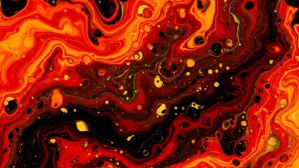 Vibrant red and orange abstract pattern with dark bubbles