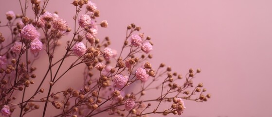 Dried pink flowers arrangement against pastel pink background