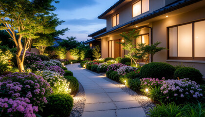 Fototapeta premium Luxury Modern House with a Professionally Lit Landscape Garden and Stone Path at Dusk