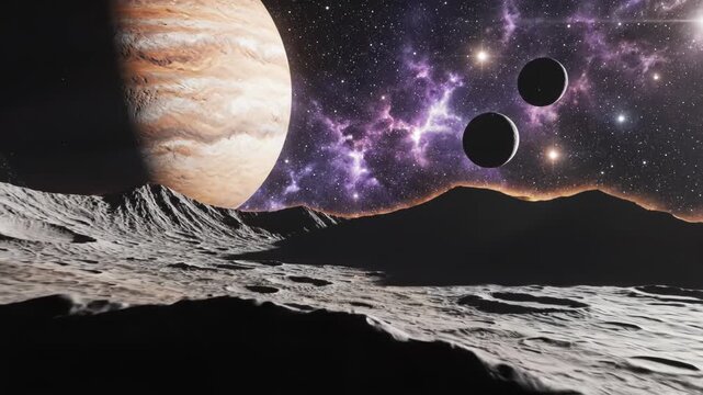 Planets and moons in a stunning astronomical landscape with a large gaseous planet