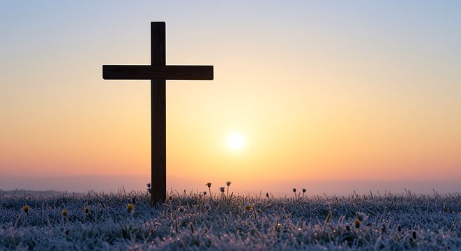 Black cross standing in frosty field at sunrise with orange sky silhouette