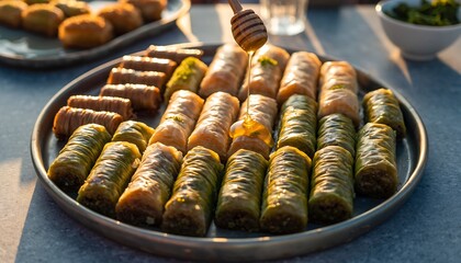 Assorted baklava and kunafa pieces arranged neatly on a tray, honey drizzle highlights, elegant Middle Eastern dessert presentation with refined food styling.