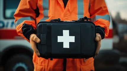Emergency responder holds first aid kit.
