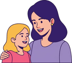 Obraz premium Cartoon illustration of a mother and daughter smiling, embracing each other warmly, against a white background