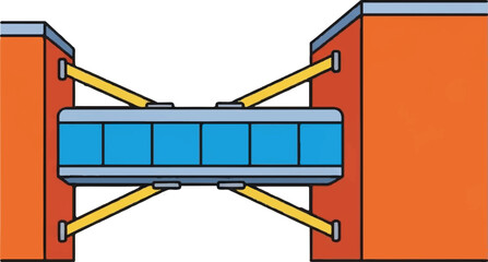 Cartoon illustration of a modern skybridge connecting two orange buildings with blue windows and yellow supports