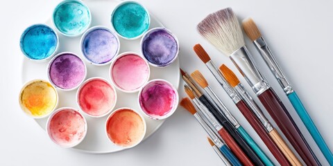 Watercolor palette with brushes