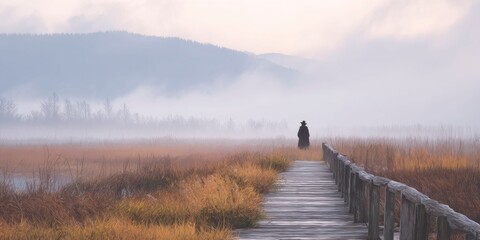 Boardwalk through foggy marsh at dawn with lone figure