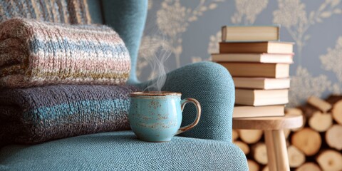 Reading chair by fireplace with ceramic mug