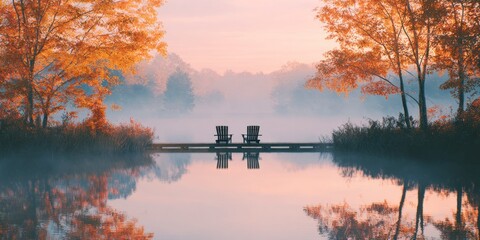 Floating deck with lounge chairs and misty lake view