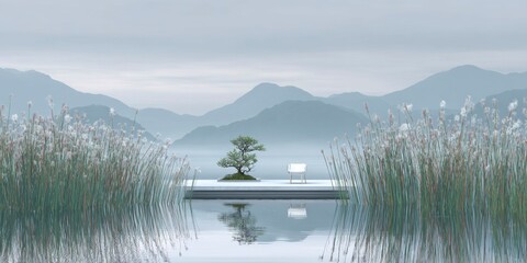 Minimal platform with chair and bonsai on tranquil lake