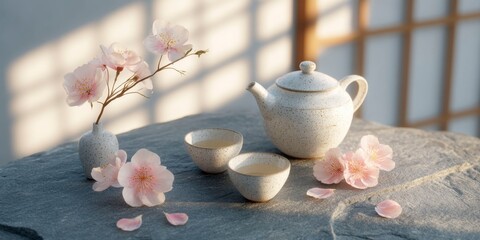 Minimalist tea ceremony with ceramic teapot and cherry blossoms