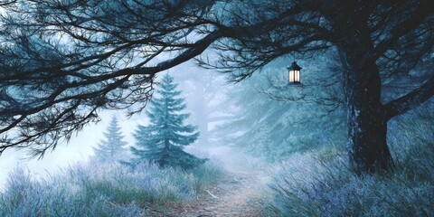 Moonlit forest path with lantern and mist