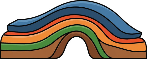 Cartoon illustration of colorful, wavy geological strata, depicting layered rock formations with a cross-section