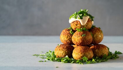 Crispy falafel balls stacked neatly with tahini dip and fresh parsley garnish, clean minimalist background, Middle Eastern vegetarian food concept.