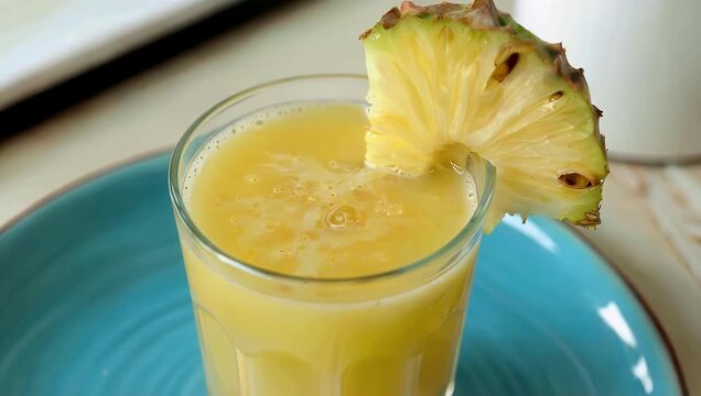 Bright lifestyle 4K food shot of refreshing yellow drink served glass with pineapple slice garnish placed on blue plate colorful summer 