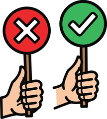 A pair of cartoon hands holding round signs with a red cross and a green checkmark.