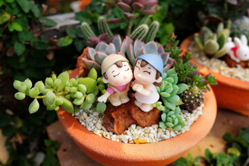 Top view of blooming cacti and succulents with stone and couple doll model decorated in a clay pot	