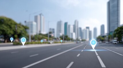 Obraz premium Urban Landscape with Map Pins for Location-Based Services, Navigation Applications, and Smart City Development in a Modern City Environment