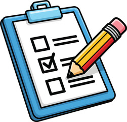 Blue cartoon clipboard with a checklist and a yellow pencil marking a ticked checkbox.