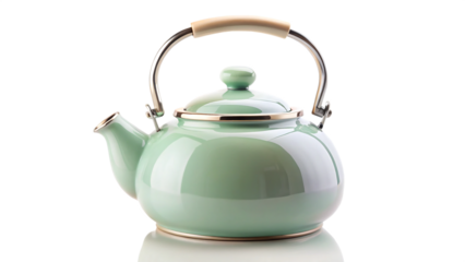A pastel colored kettle with a handle is sitting on a transparent background.