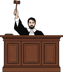 Authoritative male judge in a black robe and jabot raising a wooden gavel.