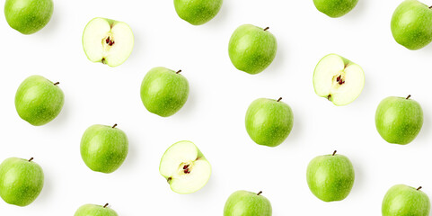 Green apple pattern isolated on white background. Repeat composition banner with fresh whole and cut apples