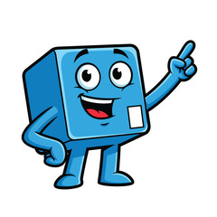Cheerful Blue Cube Cartoon Mascot Character Pointing Upwards with a Confident Smile.