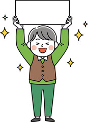 Cheerful elderly cartoon man in a green suit and brown vest holding a blank sign overhead.