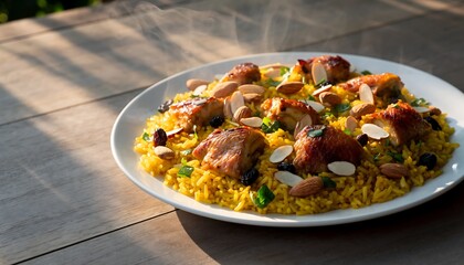 Kabsa rice with roasted chicken, fluffy saffron rice texture topped with almonds and raisins, neatly plated and isolated on clean table, traditional Middle Eastern cuisine.