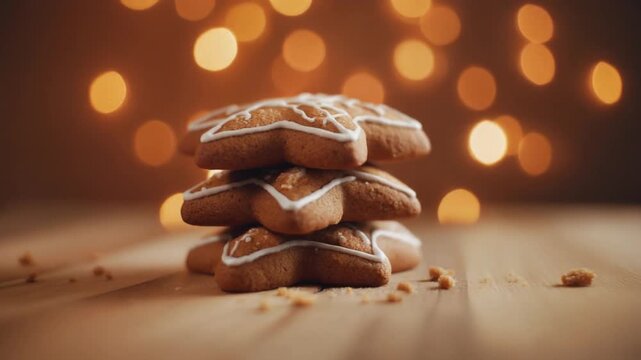 Gingerbread cookies stack with twinkling bokeh lights