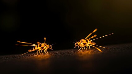 two fireflies shining brightly in the darkness