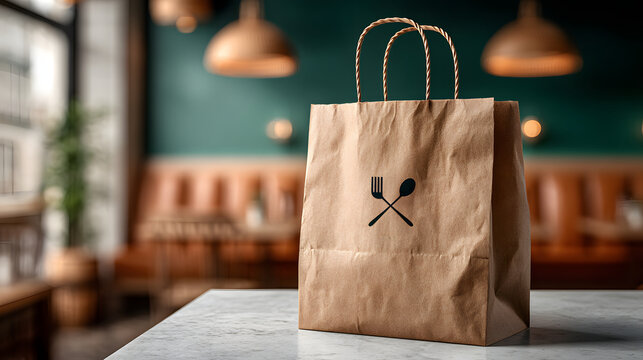 A high angle close up of a minimalist brown paper takeout bag on a reflective gray countertop with a blurred upscale restaurant interior featuring caramel booths teal walls and warm amber lighting