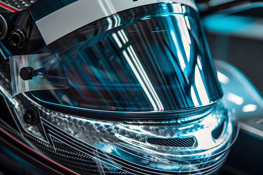Formula 1 helmet close-up with reflections of track and grandstand