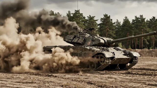 Military tank driving fast on dirt terrain kicking up a large cloud of dust and smoke during training exercise near forest