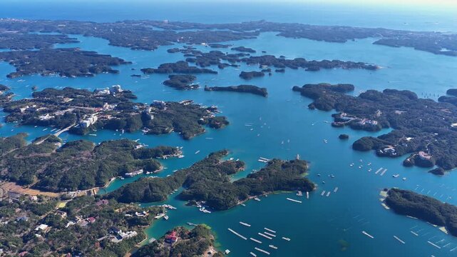 Pull-Back Drone Aerial over Ago Bay and Its Island-Filled Coastline, Japan